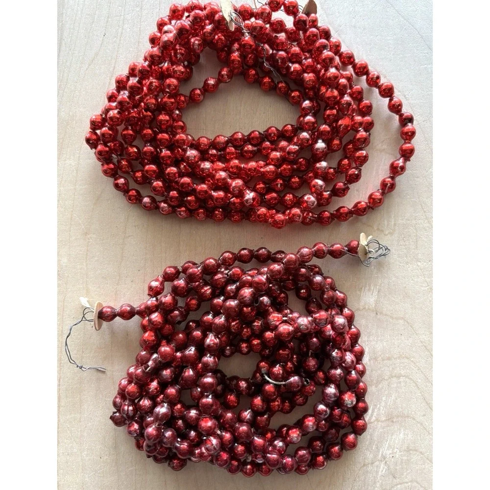 Vtg Mercury Glass Bead Christmas Garland Red LOT of 2 Strands 7 ft+ Each 1/4